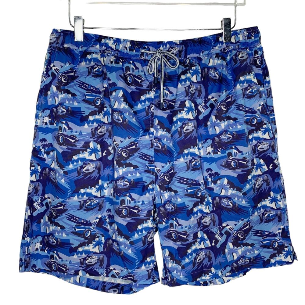 Peter Millar XL Mens Seaside Classic Cars Swim Trunks Novelty Print Blue Preppy